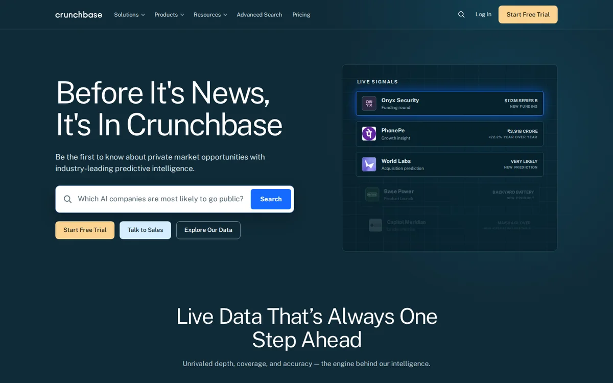 Crunchbase homepage with company search and private-market data (screenshot, October 2026)