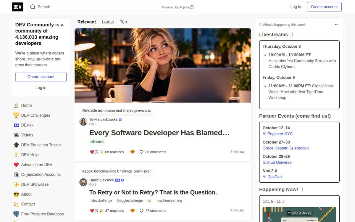 DEV Community feed of developer articles and discussions (screenshot, October 2026)