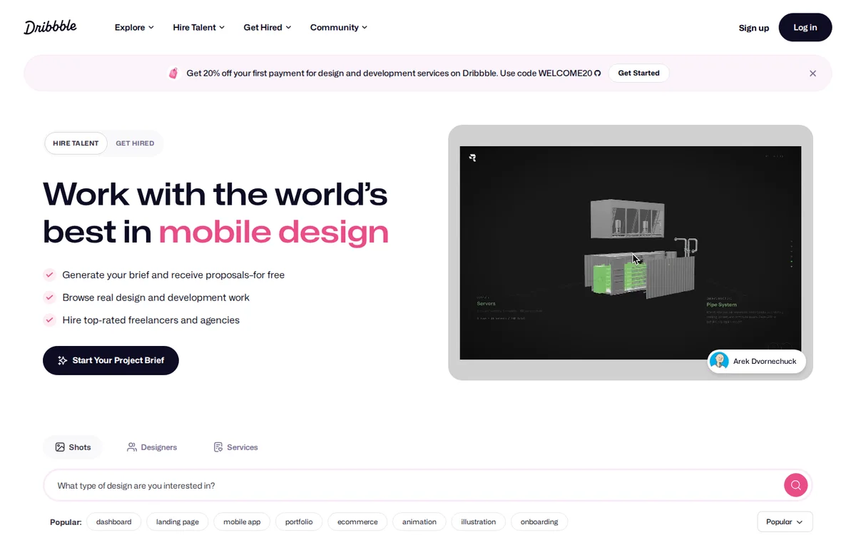 Dribbble homepage for design portfolios and hiring designers (screenshot, October 2026)