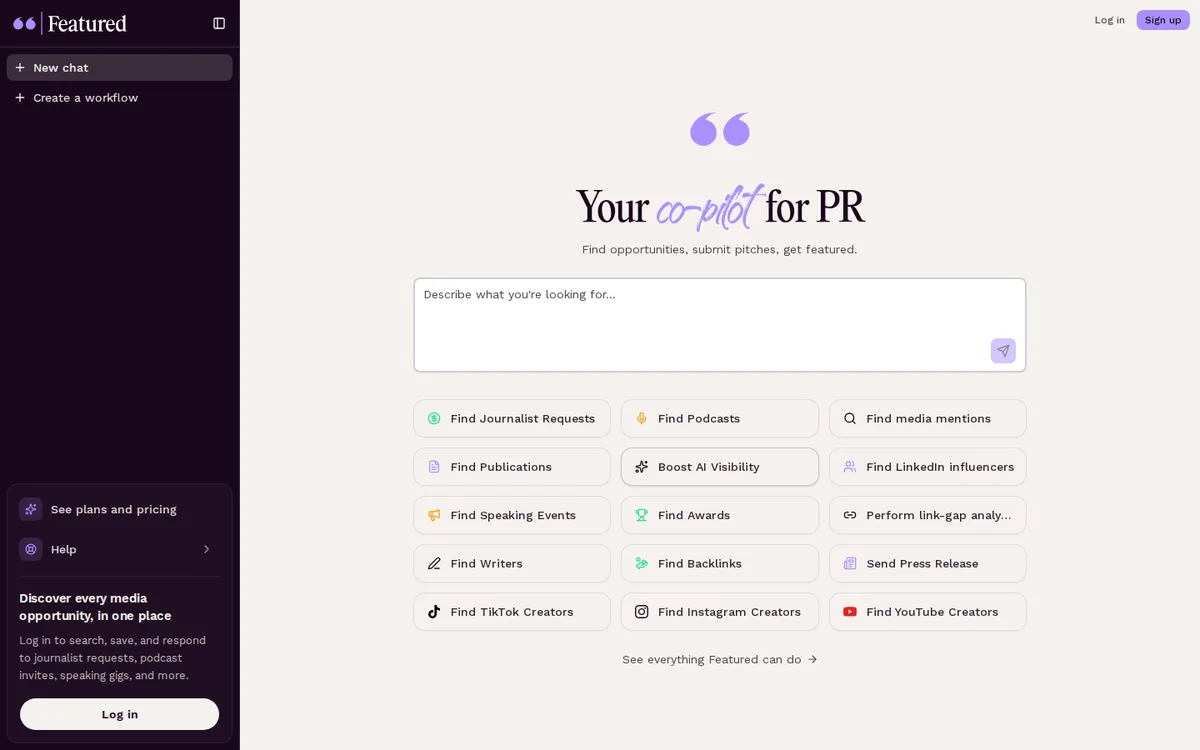 Featured.com dashboard for finding journalist requests, podcasts and media opportunities (screenshot, October 2026)