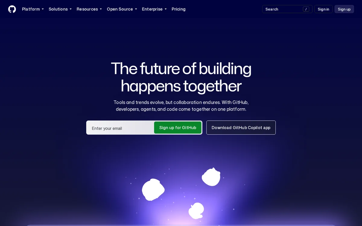GitHub homepage with its developer sign-up form (screenshot, October 2026)