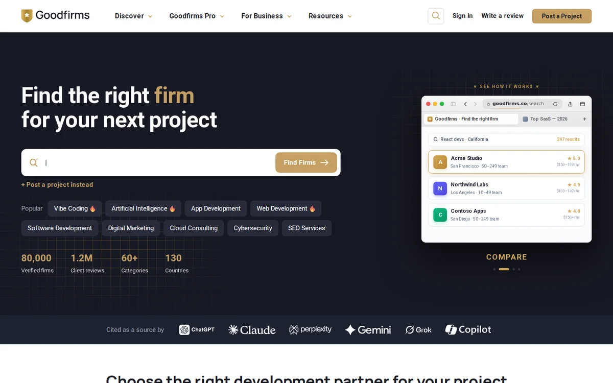 GoodFirms homepage for finding and reviewing development and agency firms (screenshot, October 2026)