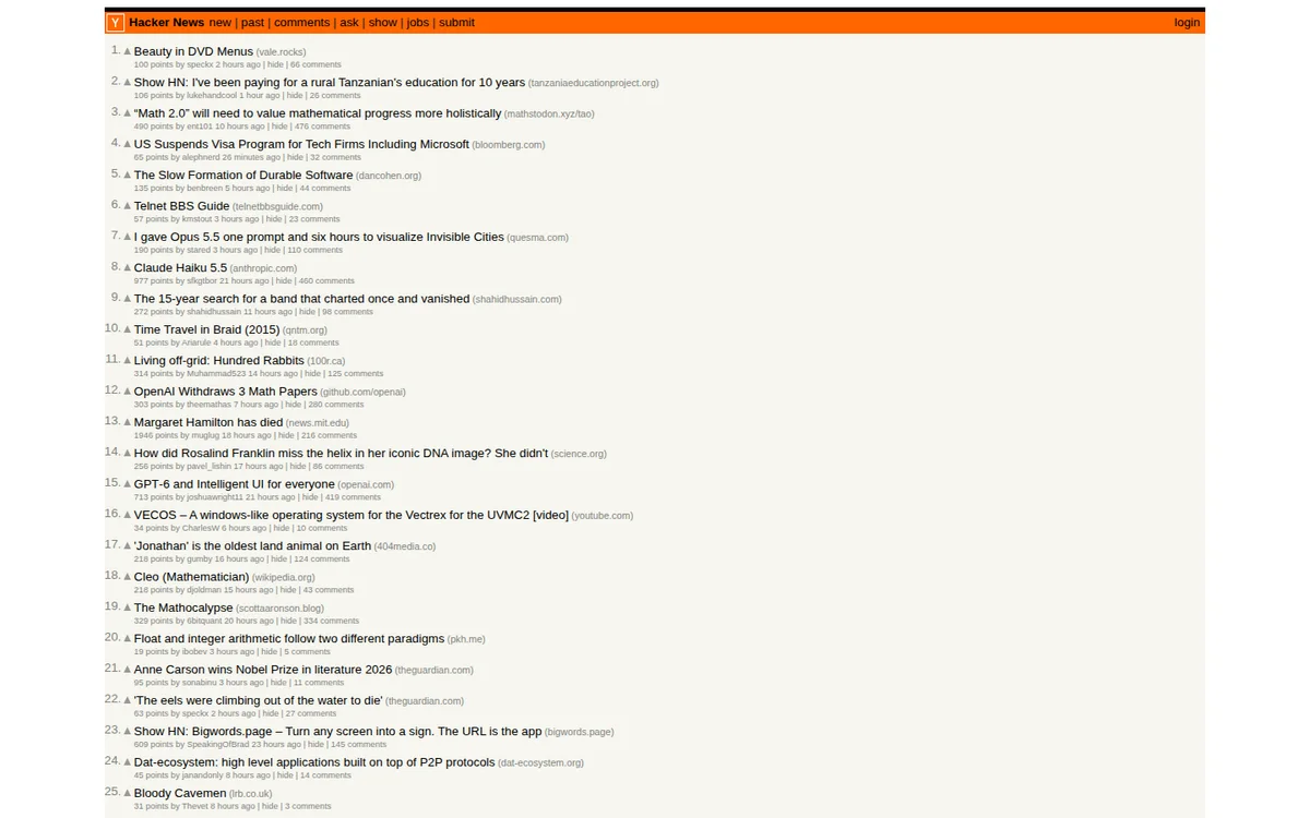 Hacker News front page with its ranked list of submitted links (screenshot, October 2026)