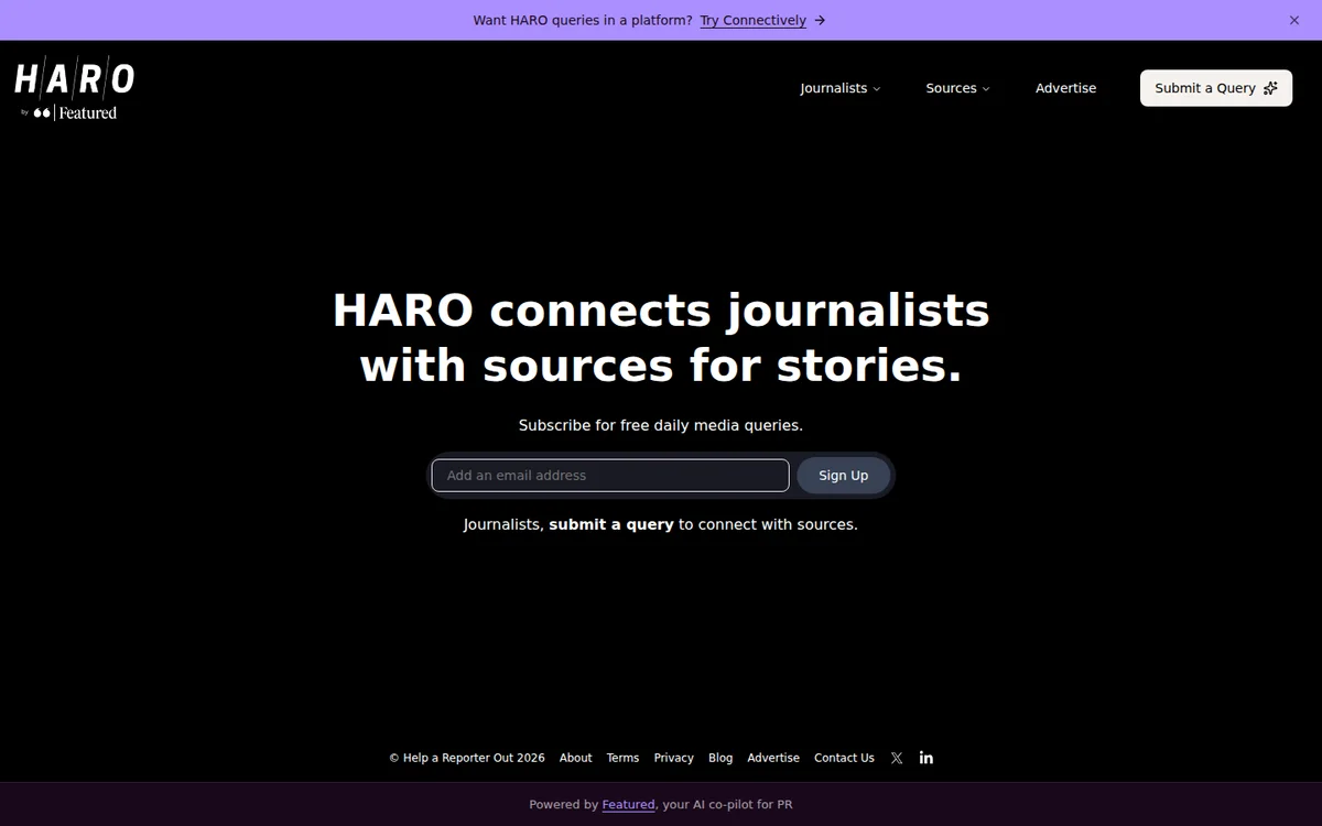 HARO homepage with the free daily media-query signup form, run by Featured (screenshot, October 2026)