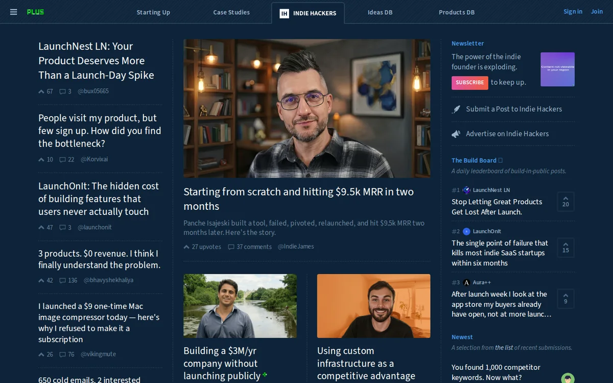 Indie Hackers community feed of founder stories and launch posts (screenshot, October 2026)