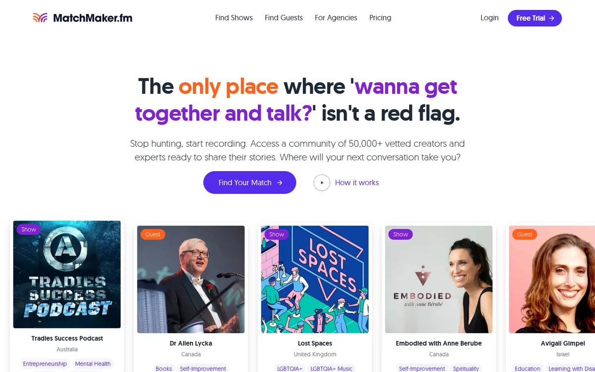 MatchMaker.fm homepage matching podcast hosts with guests (screenshot, October 2026)