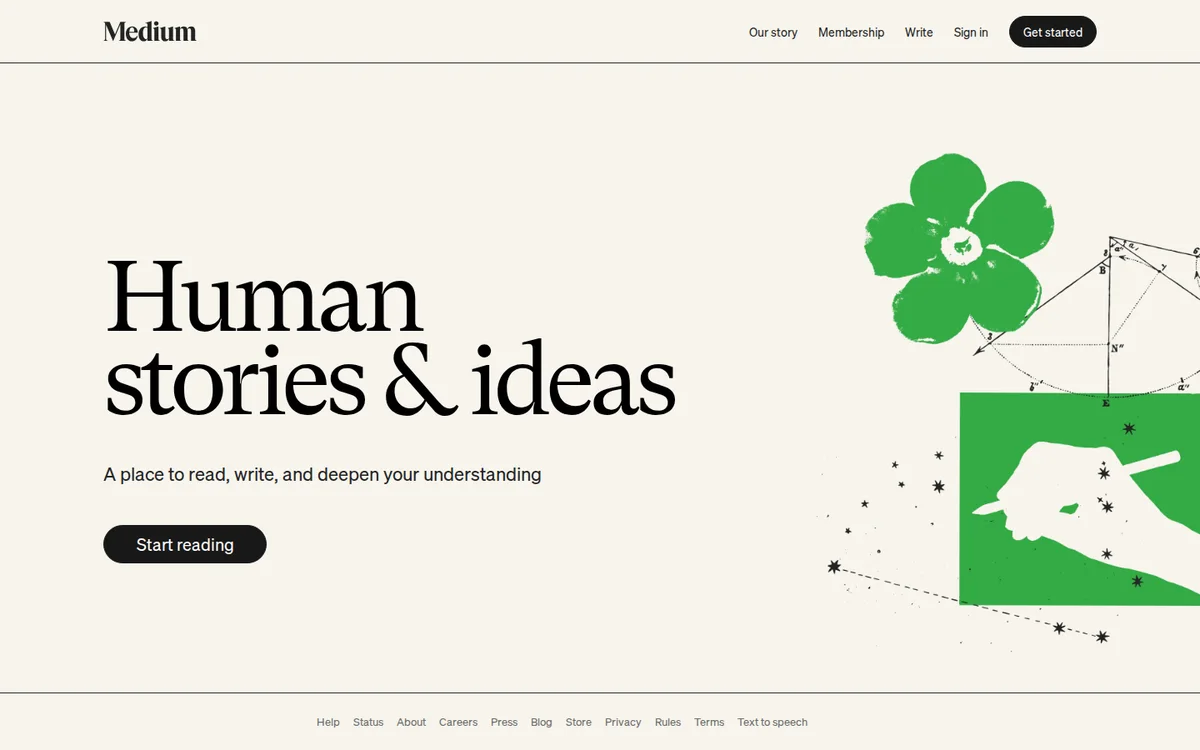 Medium homepage for reading and publishing articles (screenshot, October 2026)