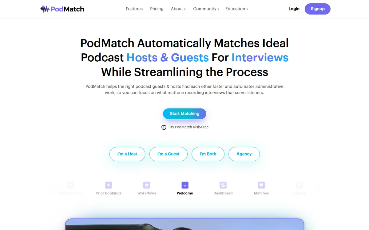 PodMatch homepage that automatically matches podcast hosts and guests (screenshot, October 2026)