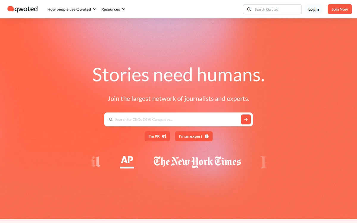 Qwoted homepage inviting experts to join its network of journalists and sources (screenshot, October 2026)