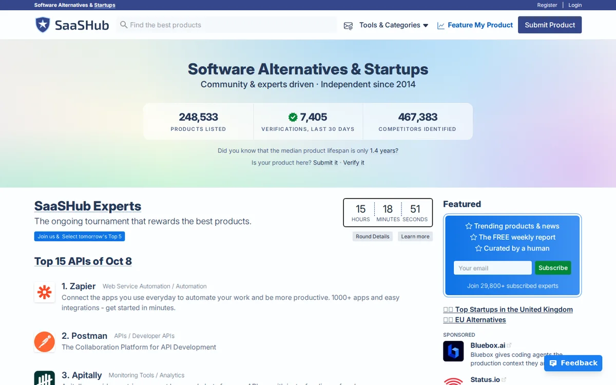 SaaSHub homepage listing software alternatives and newly submitted startups (screenshot, October 2026)