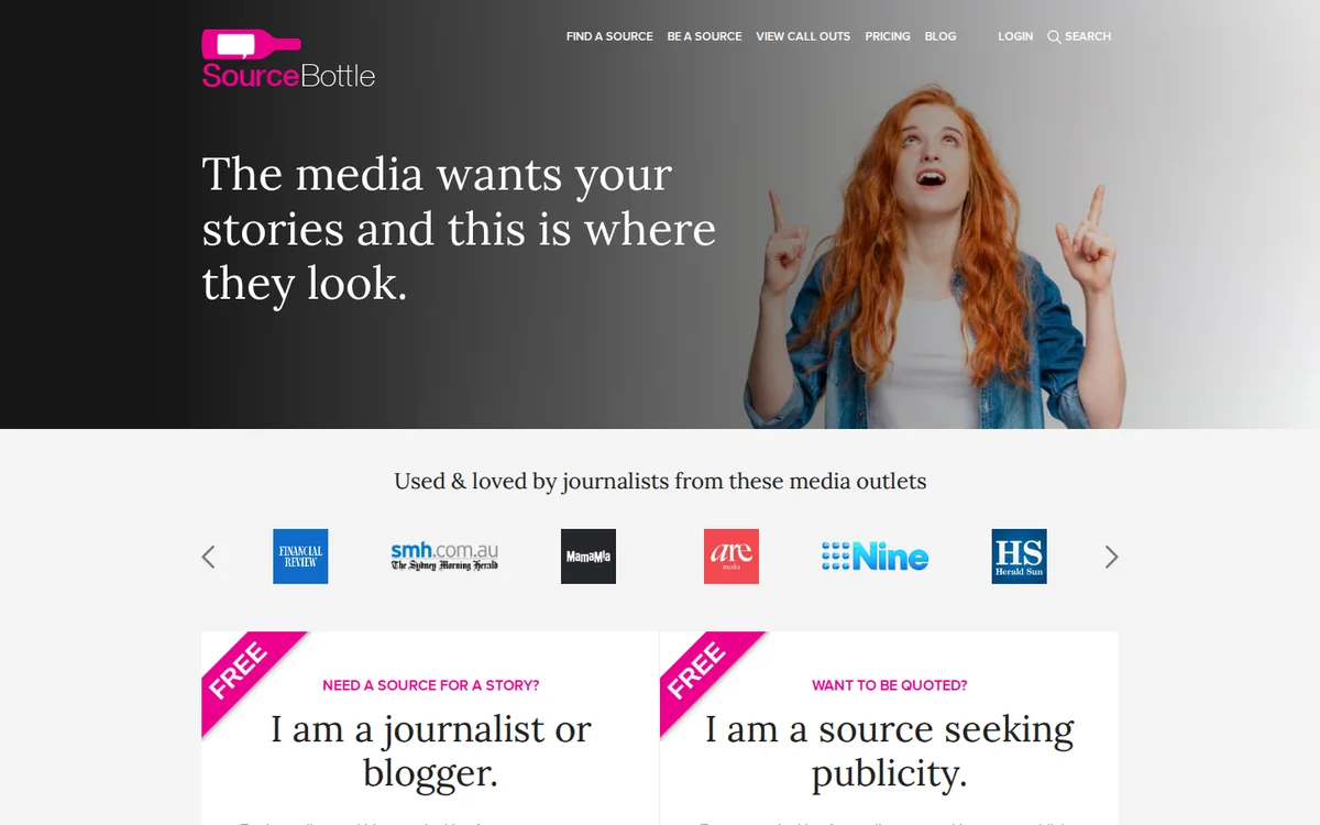 SourceBottle homepage with separate sign-ups for journalists and for sources seeking publicity (screenshot, October 2026)