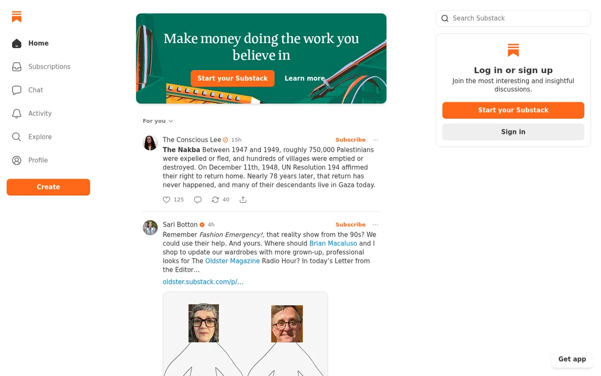 Substack homepage for starting a paid or free newsletter (screenshot, October 2026)