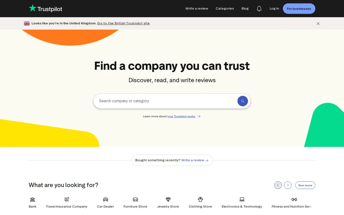 Trustpilot homepage with its company search box for reading and writing reviews (screenshot, October 2026)
