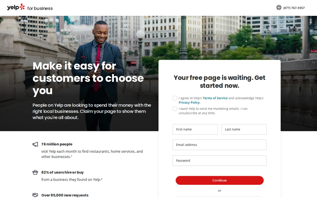 Yelp for Business sign-up page for claiming a free business page (screenshot, October 2026)