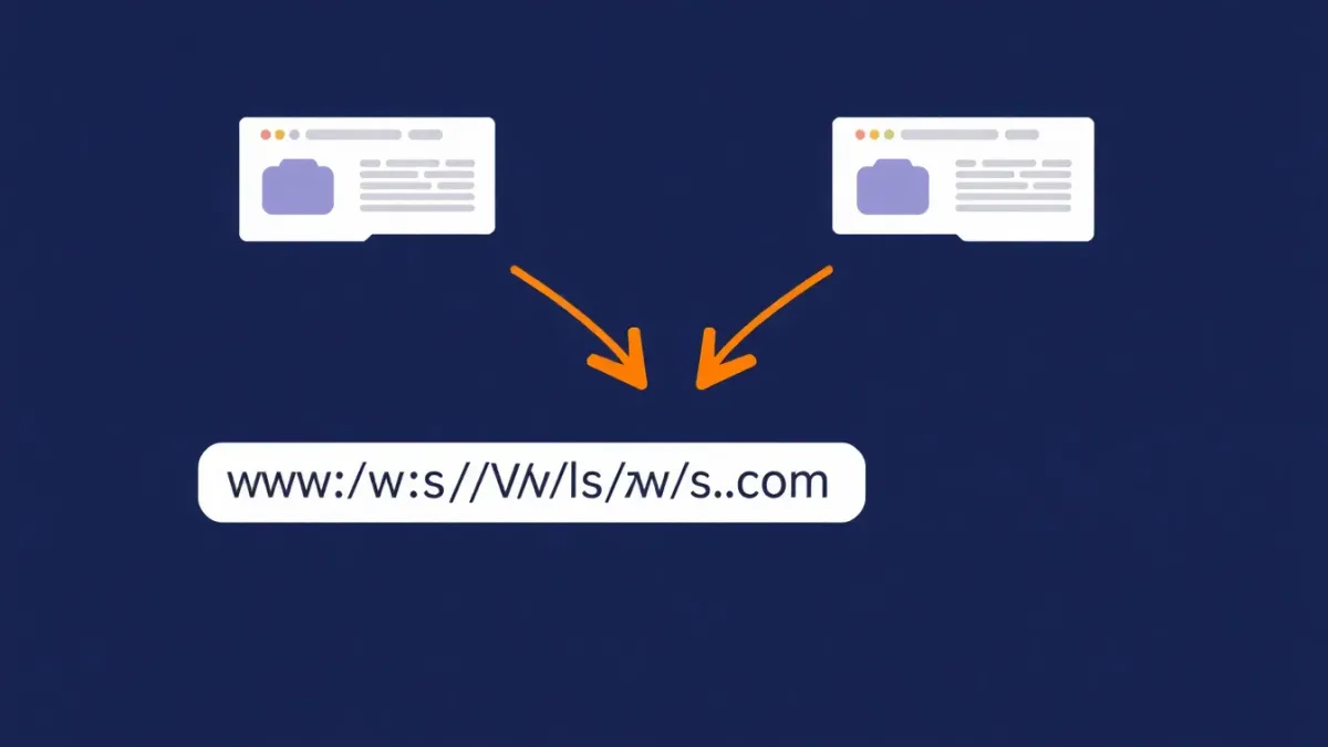A confused Googlebot spider looking at five identical web pages with different URLs, not knowing which one to index