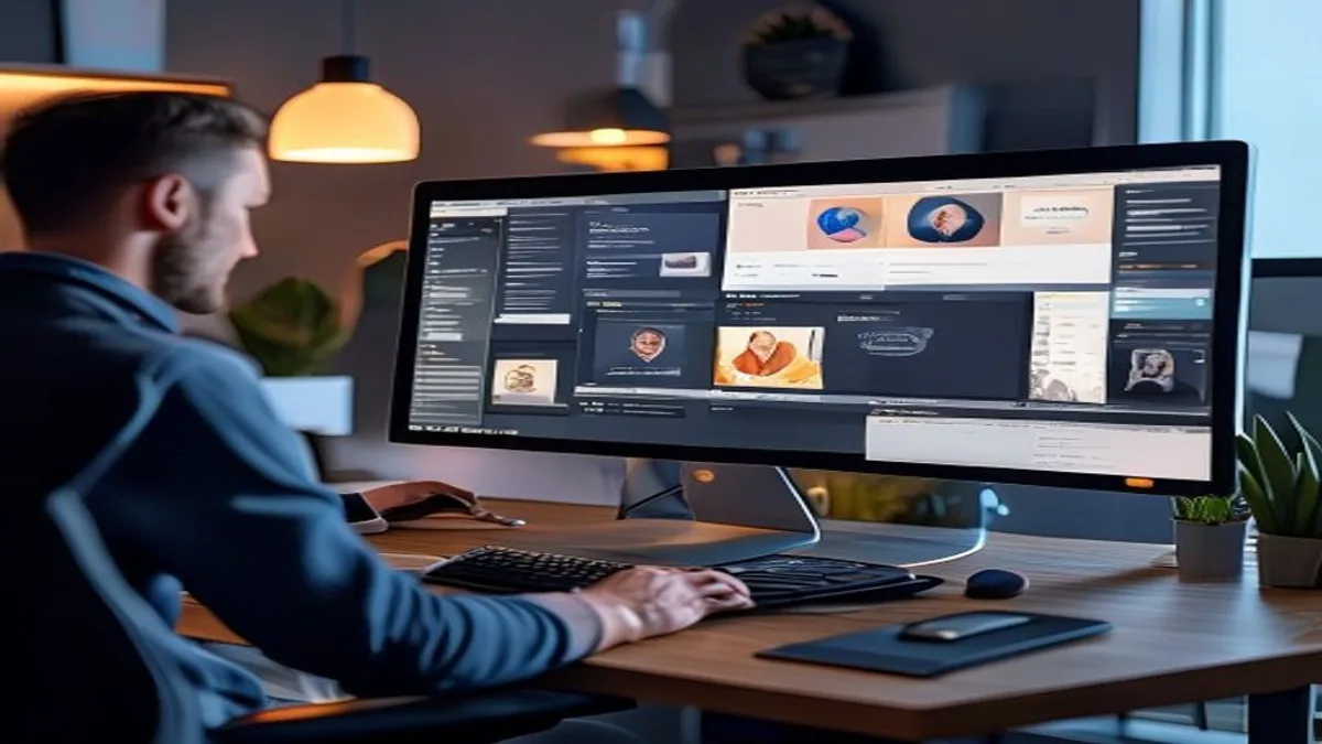 Marketer at a desk comparing competitor websites open in browser tabs on a large monitor
