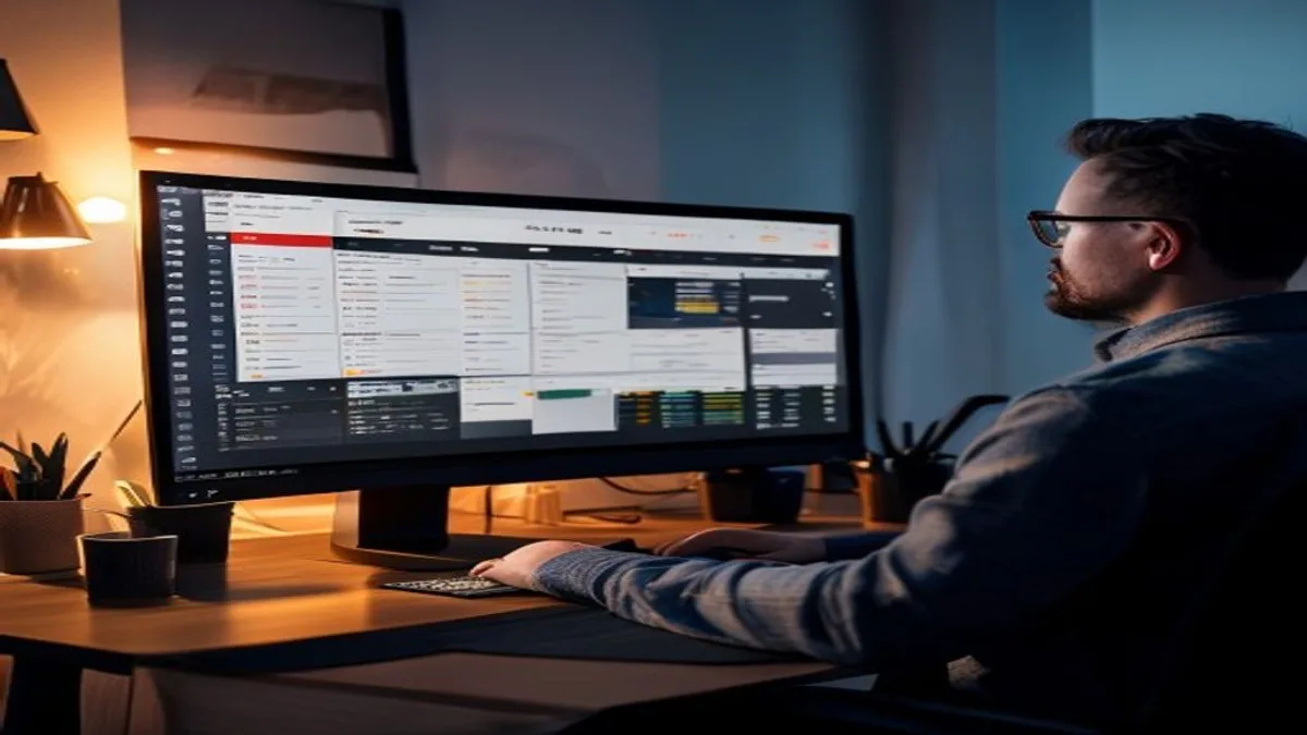 Developer reviewing a Core Web Vitals report with LCP, CLS and INP scores on a desktop monitor