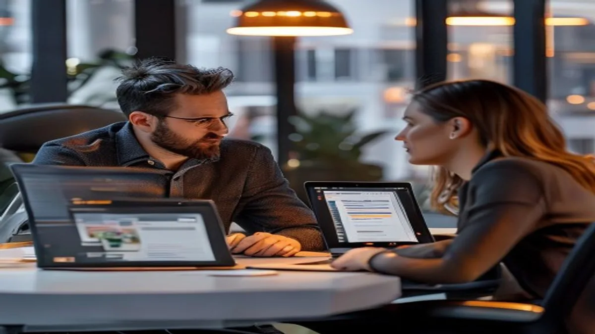 Two colleagues at a desk discussing an e-commerce store speed report shown on a laptop screen