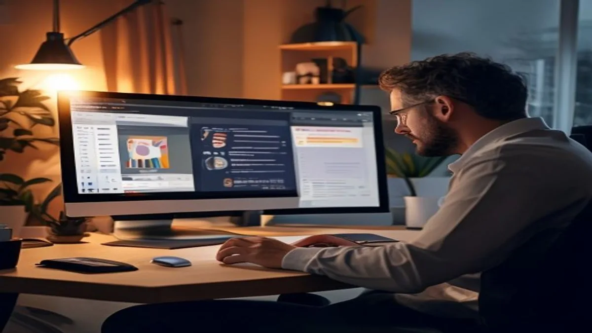 SEO specialist reviewing a Core Web Vitals report on a desktop monitor in an office