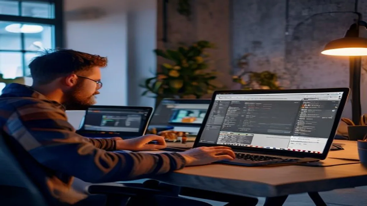 Two web developers debugging layout shift on a laptop with browser dev tools open