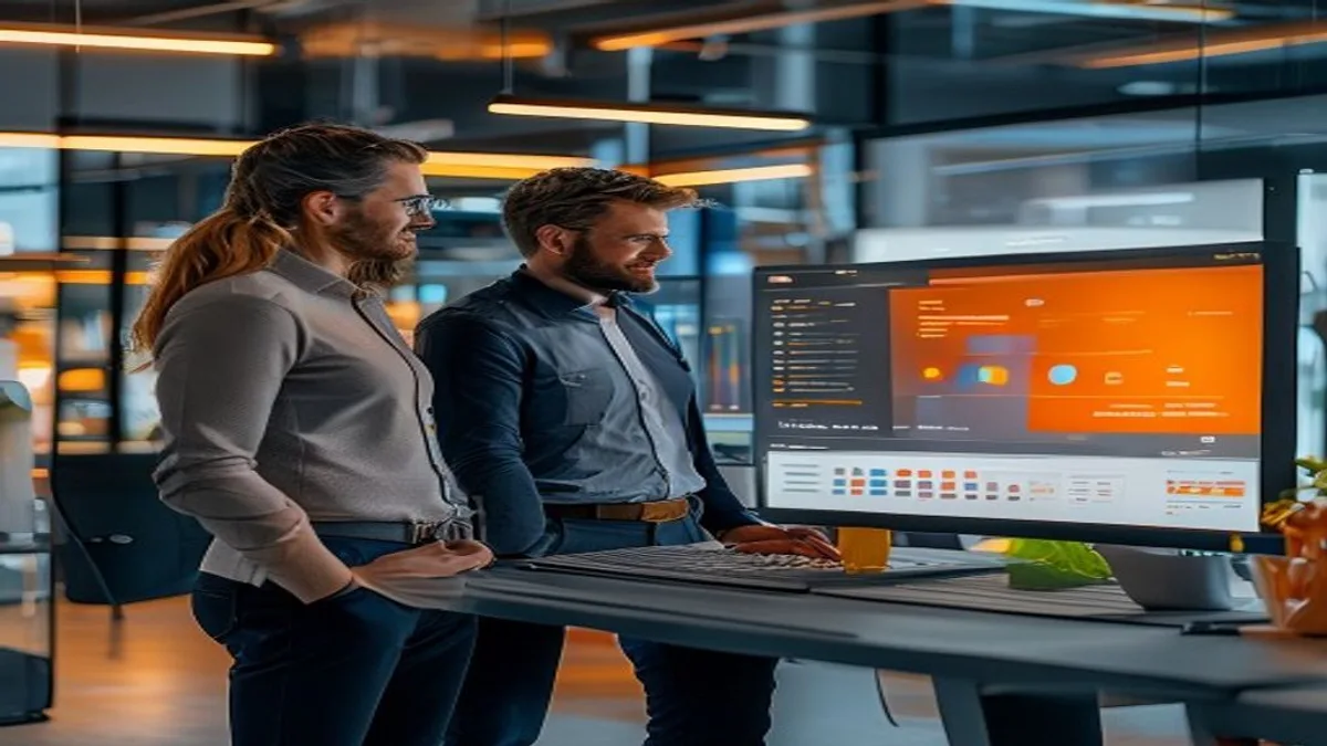 Two e-commerce managers reviewing a store's category structure on a large monitor in an office