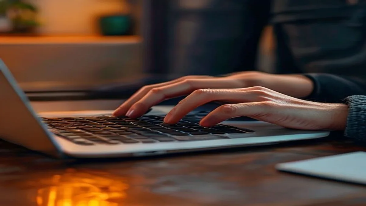 Close-up of hands typing a product description on a laptop beside a physical product on a desk