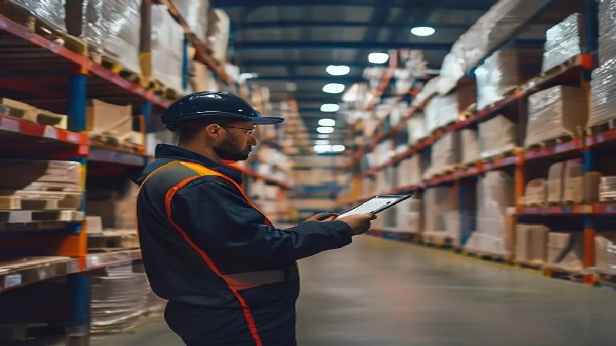A logistics worker checking stock levels on a tablet between warehouse shelving aisles