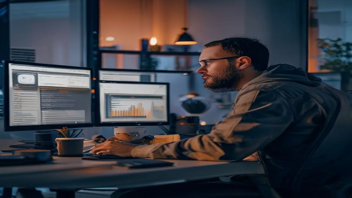 Developer at a desk reviewing a PageSpeed Insights report on a large monitor