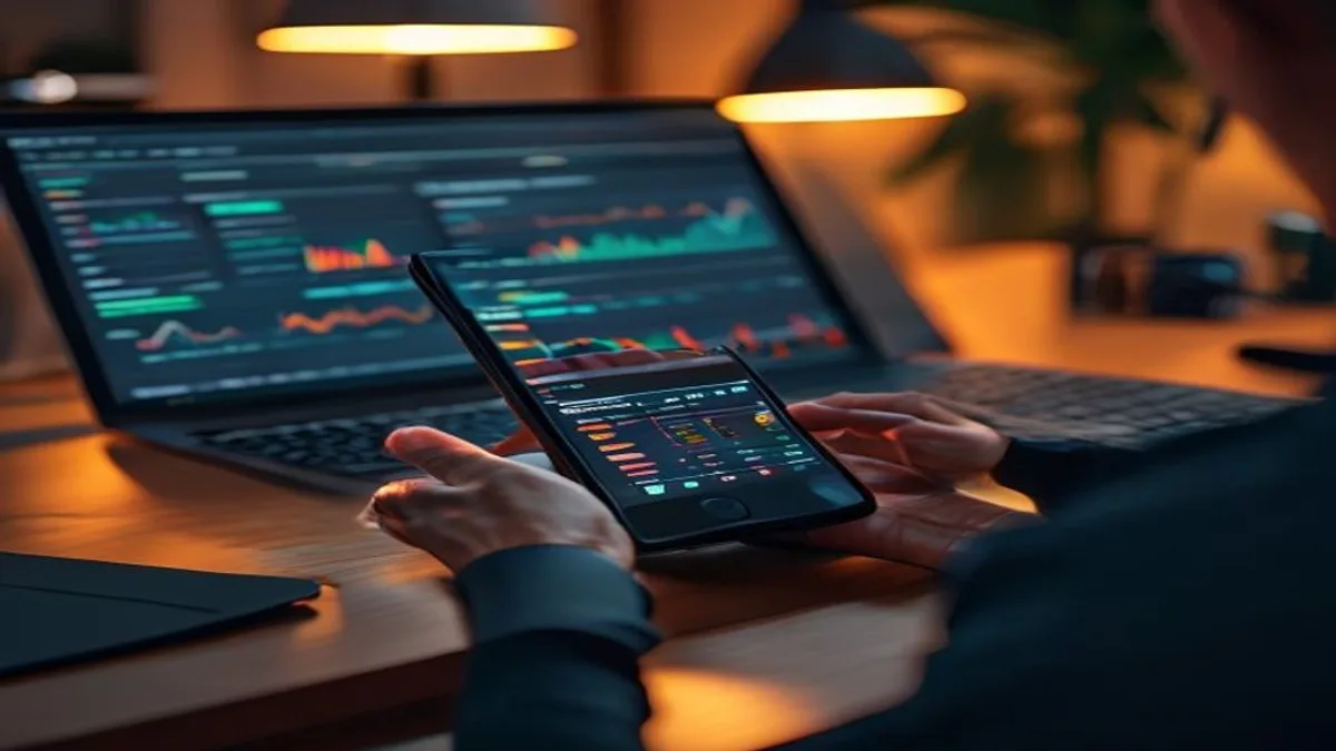 Person on a smartphone loading a website, with a laptop dashboard in the background