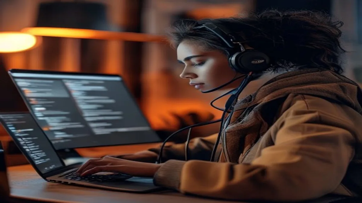 Person using a screen reader on a laptop, headphones on, navigating a webpage