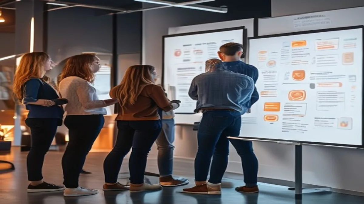 Marketing team at a whiteboard mapping a content outline with section headings