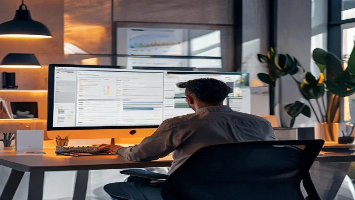 Marketer at a desk reviewing the Google Search Console Pages report on a large monitor