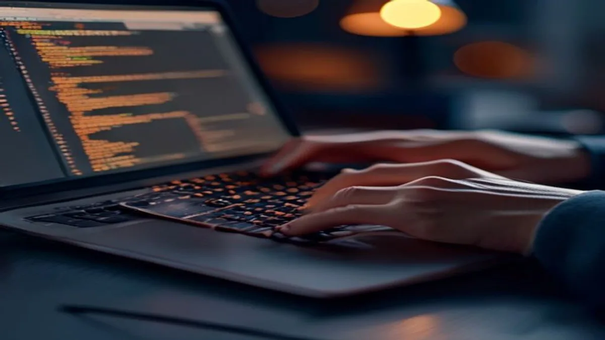 Hands typing on a laptop keyboard with a website code editor open on screen