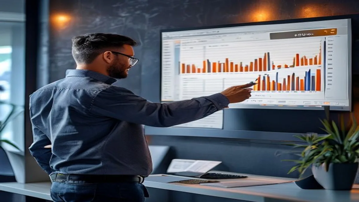 SEO specialist pointing at an indexing status chart displayed on an office monitor