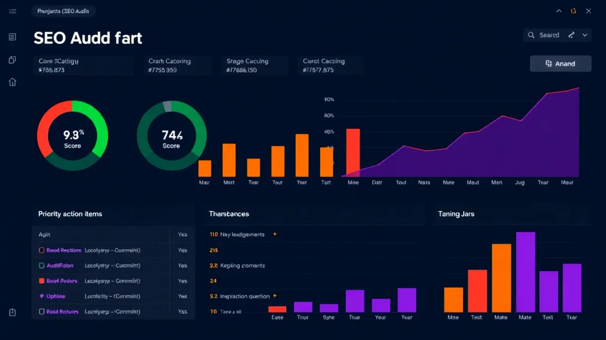 Dashboard showing SEO audit results with scores across pillars