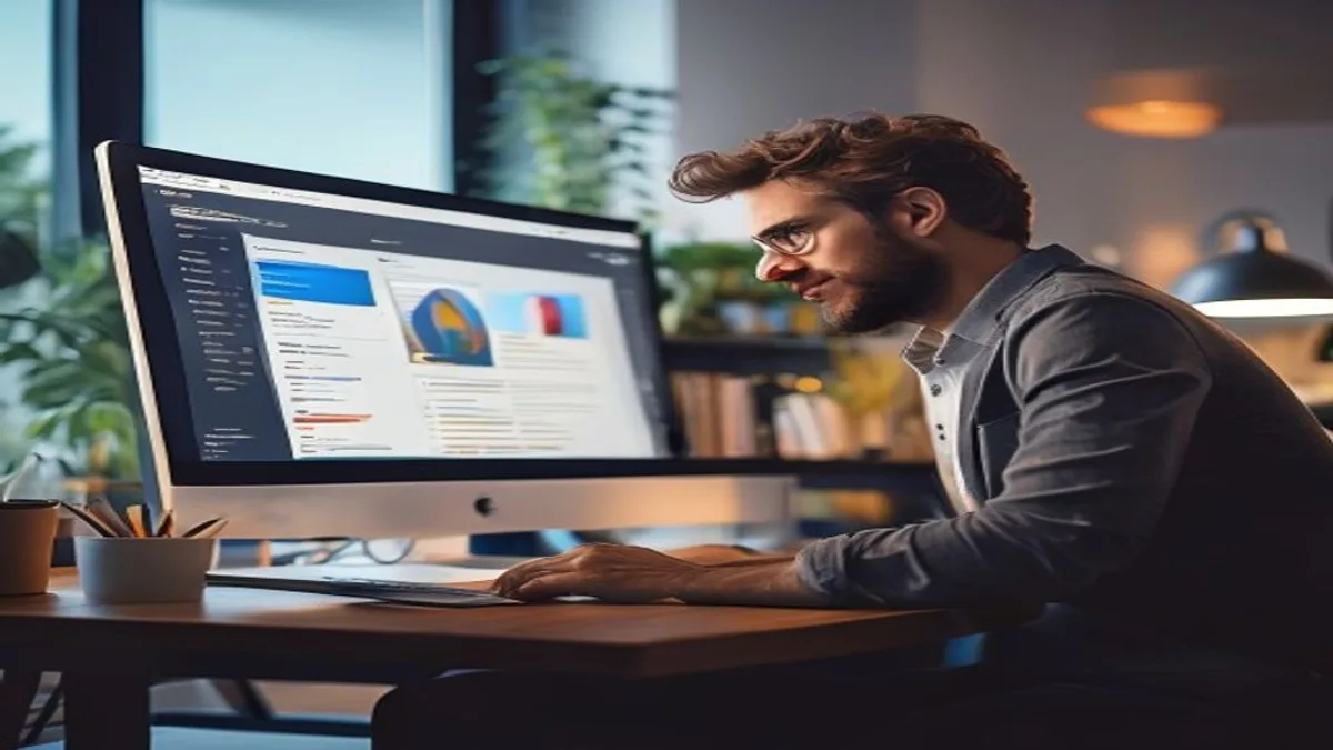 Marketer studying Google search results page one on a desktop monitor in an office