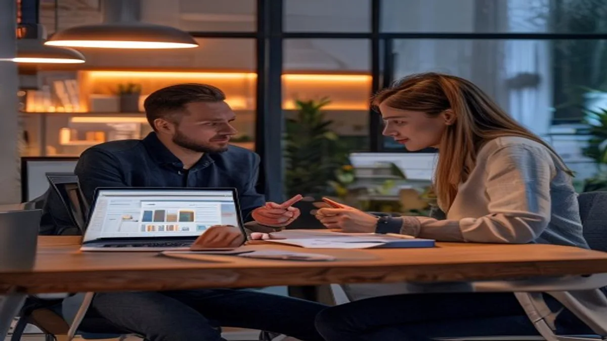 Two colleagues comparing competitor websites side by side on laptops at a desk