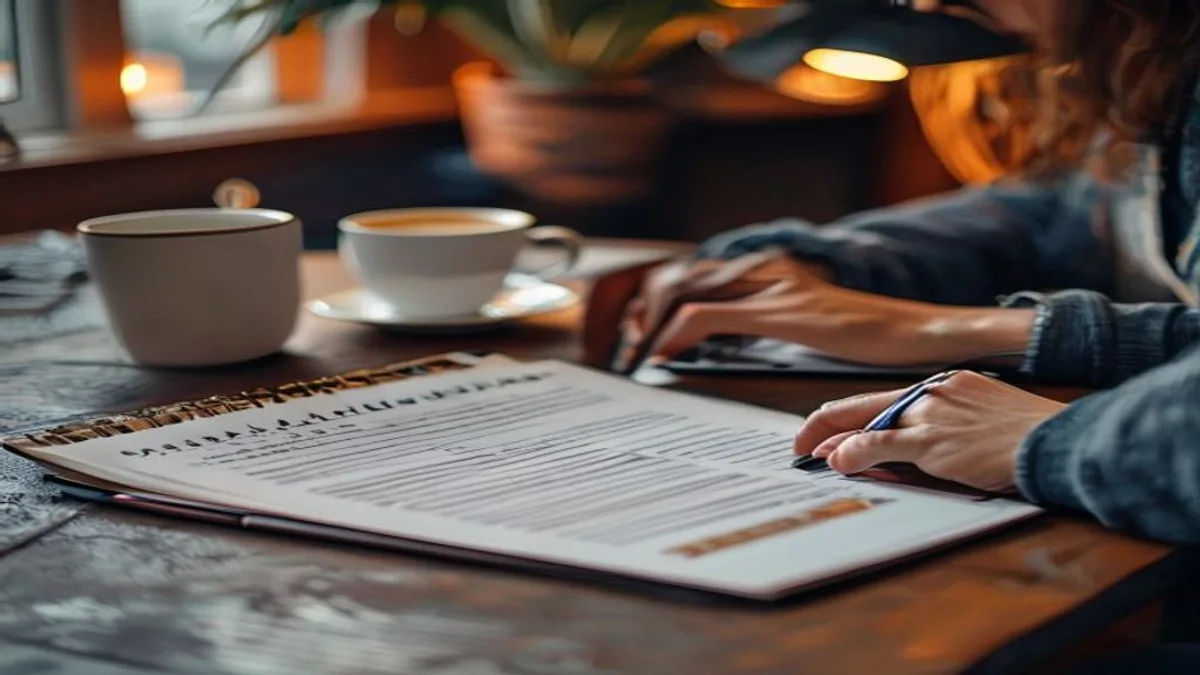 Content writer drafting a blog post outline on a laptop with keyword notes nearby