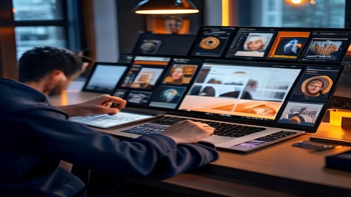 Designer reviewing a product photo gallery and typing image descriptions on a laptop