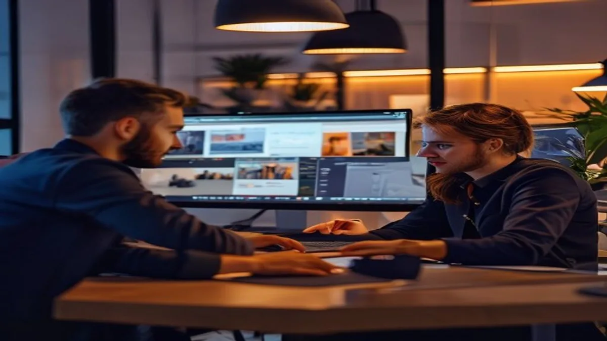 Two colleagues at a desk auditing a website on screen and discussing missing image descriptions