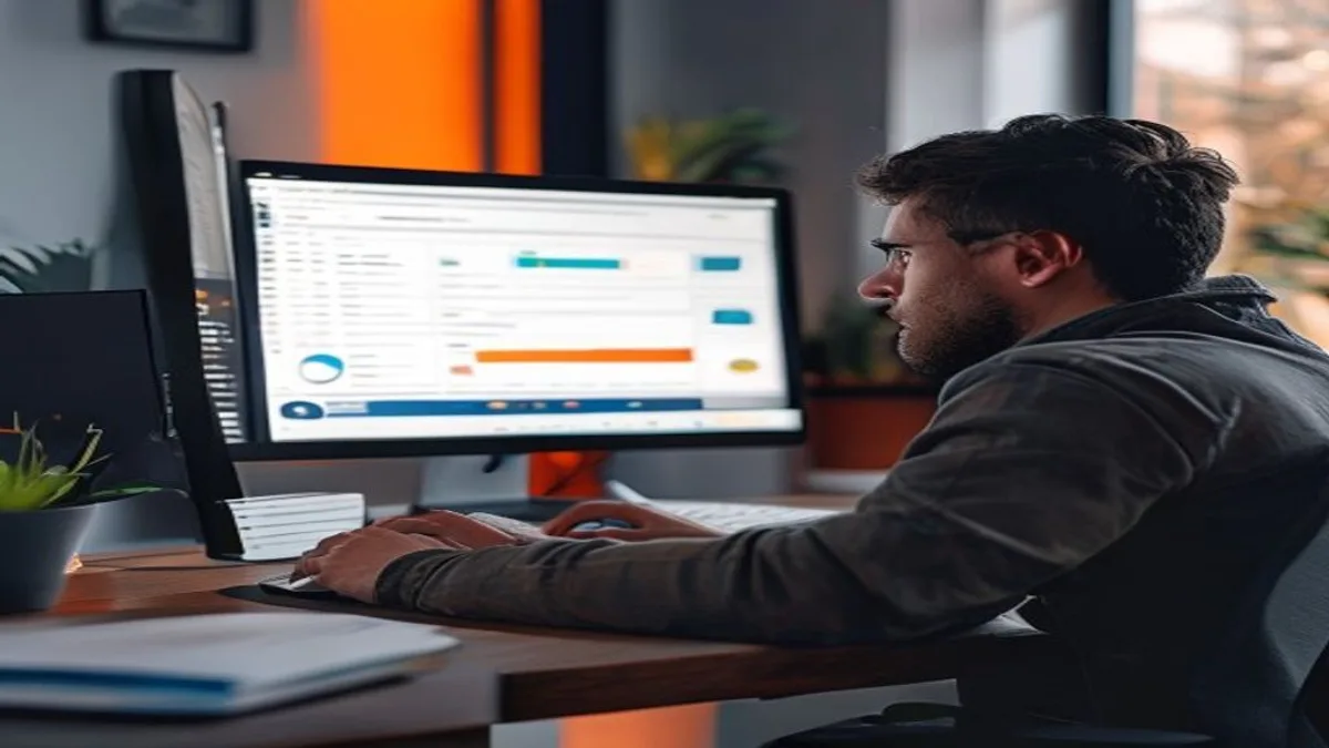 SEO specialist reviewing a list of page titles in Google Search Console on a desktop monitor
