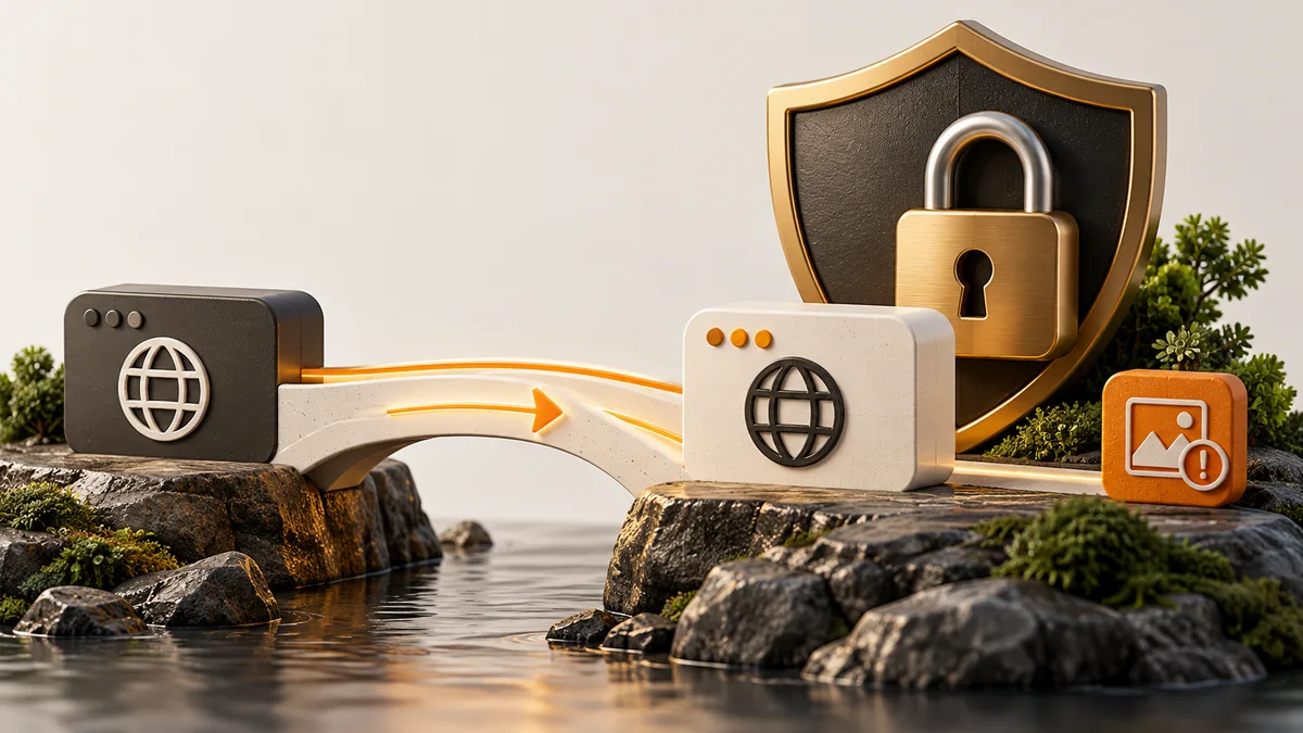 HTTPS migration path with a security shield and mixed-content warning.