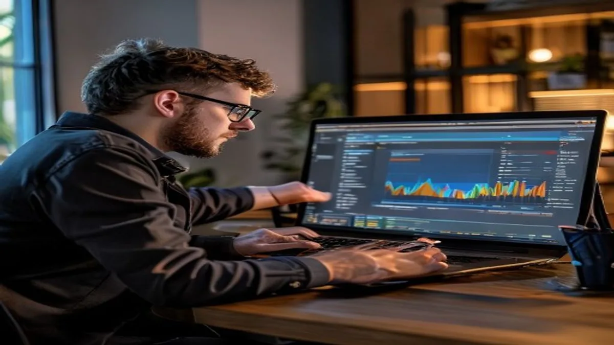 Two developers reviewing a Core Web Vitals report in Google Search Console on a laptop, pointing at the INP graph