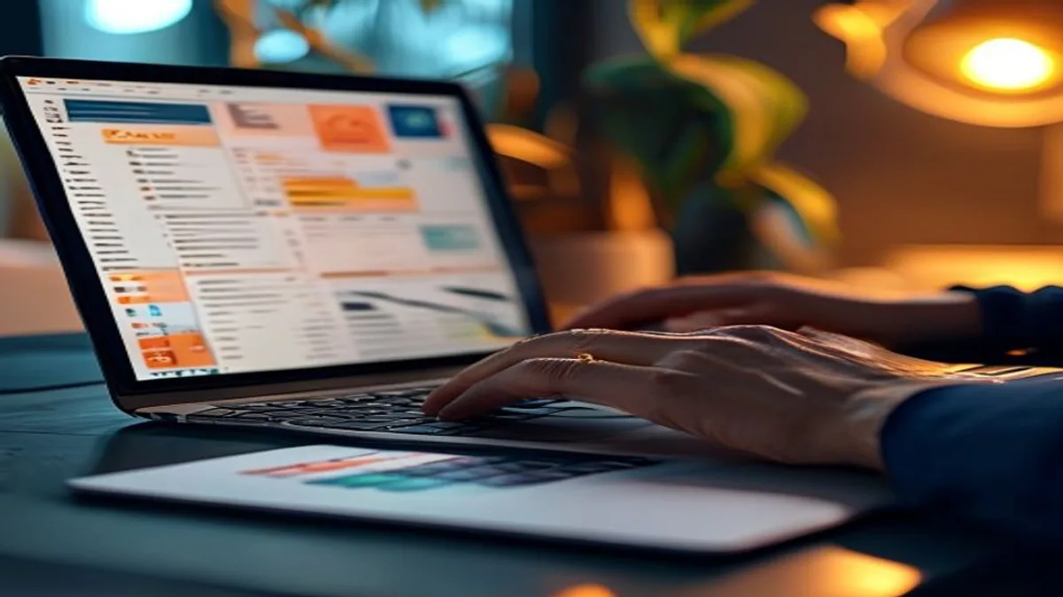 Marketer at a desk reviewing a spreadsheet of grouped keywords on a laptop screen
