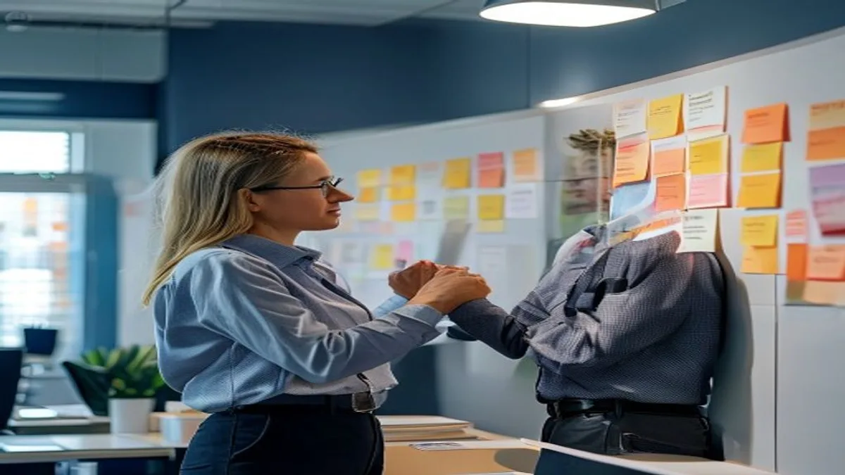 Two colleagues at a whiteboard sorting sticky notes into separate grouped columns