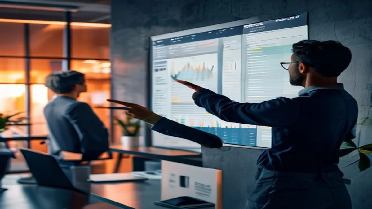 Person pointing at SEO performance charts on a wall-mounted monitor in an office