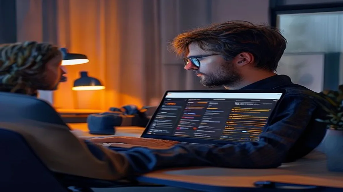 SEO specialist reviewing a keyword difficulty score on a laptop at a desk