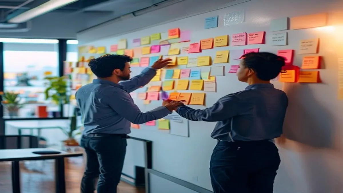 Marketer mapping keywords on sticky notes across a whiteboard in an office