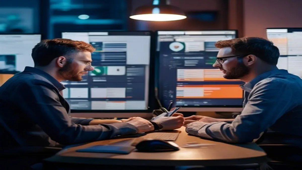 Two colleagues comparing search engine results pages on dual monitors