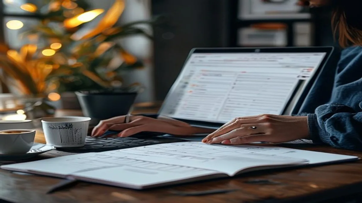 Marketer at a desk reviewing a spreadsheet of search terms on a laptop with a notebook beside it